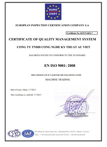 Bằng chứng nhận ISO 9001 2015 - Bản Lề BLUWARE - Công Ty TNHH EROHOME